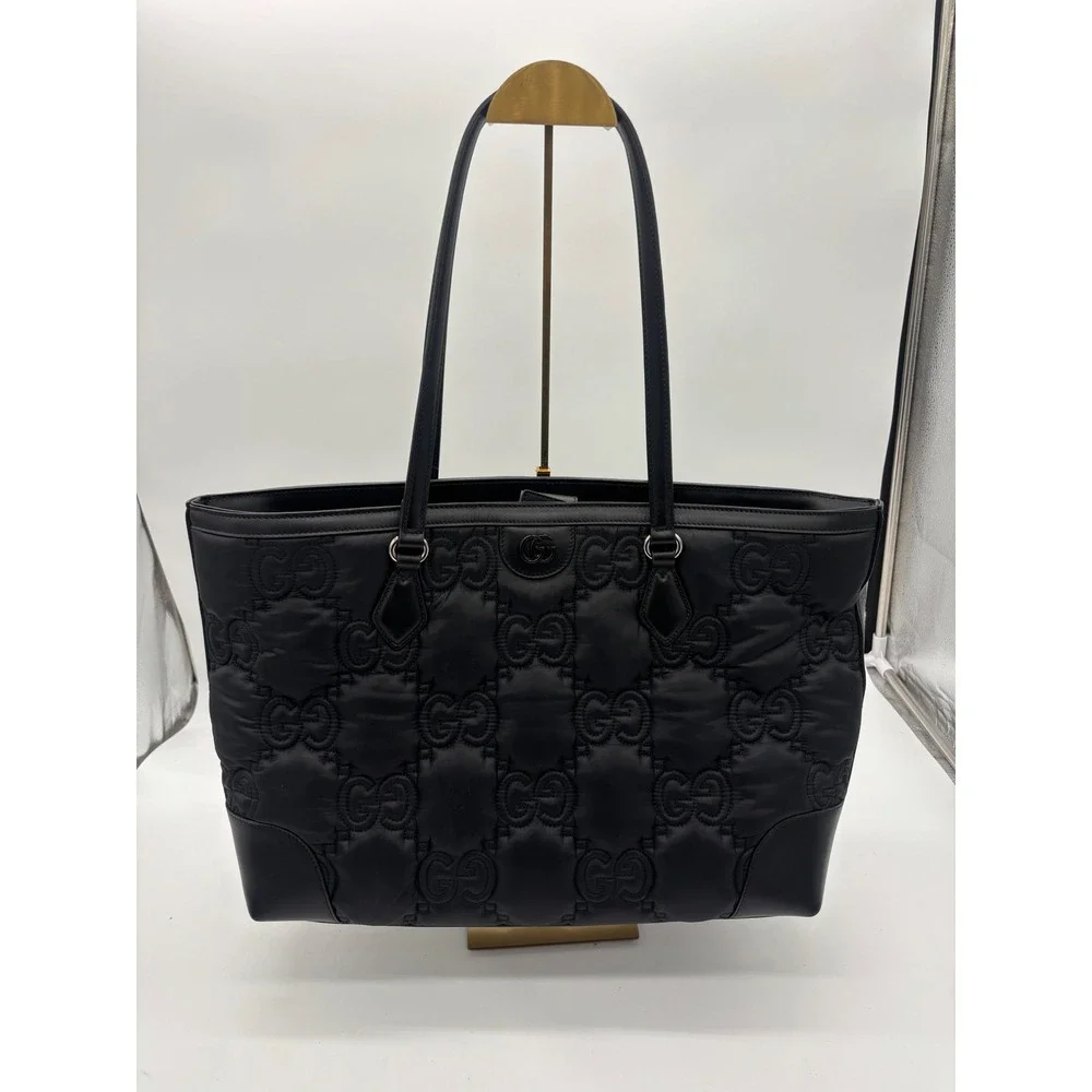 Gucci GG Matelasse Large Tote Bag Women's Black Quilted Leather Nylon 702252